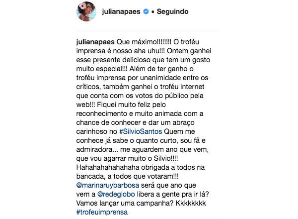 Juliana Paes comemora conquista do Troféu Imprensa e do Troféu Internet