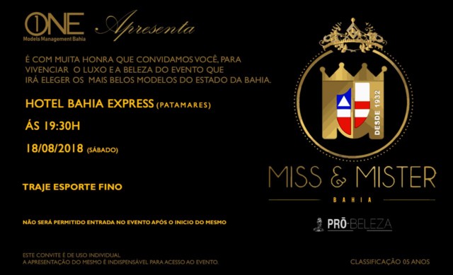 Miss e Mister Bahia 2018 acontece neste sábado