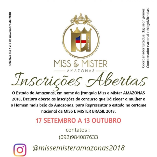 Miss e Mister Amazonas 2018 acontecerá dias 1 e 2 de novembro