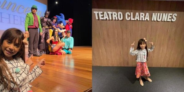 Cantora mirim, Sophia Braz, assiste o espetáculo ‘Princesas e Heróis’ no teatro Clara Nunes