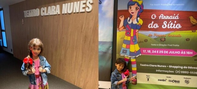 Modelo mirim, Sophia Braz, se encanta e diverte com o ‘Arraiá do Sítio’ no teatro Clara Nunes