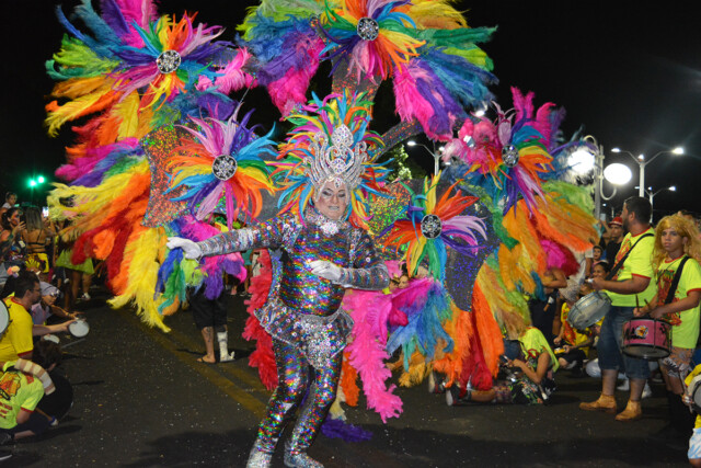 Reginaldo Gallo brilha com fantasia luxuosa no Carnaval de Porto Ferreira